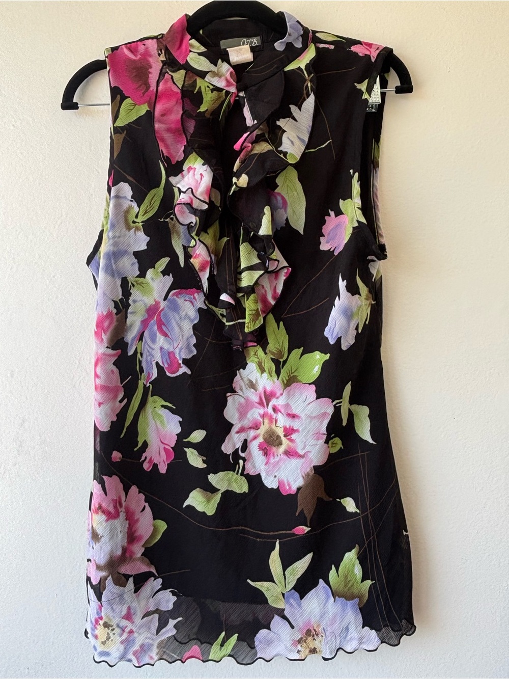 Sleeveless Floral Ruffle Neck Tank Top - Black with Pink & Green Floral